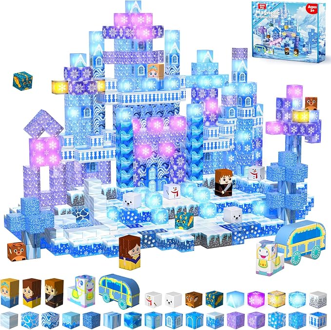 200 PCS Magnetic Blocks with Light Up Blocks - Transparent Magnetic Building Block for Kids Age 3+, Magnet Cubes Blue Castle, Magnets Toys Easter Birthday Gift for Boys Girls 4 5 6 7 8 9 10 11 12+