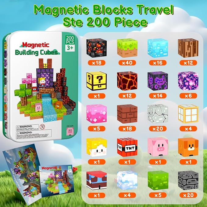 Magnetic Blocks Travel Magnetic Building Blocks Cubes - 200 PCS Tin Box Magnet Toys Set STEM Educational for Kids Ages 3 4 5 6 7 8 9 10 11 12 Year Old Boys Girls Gifts Birthday Christmas