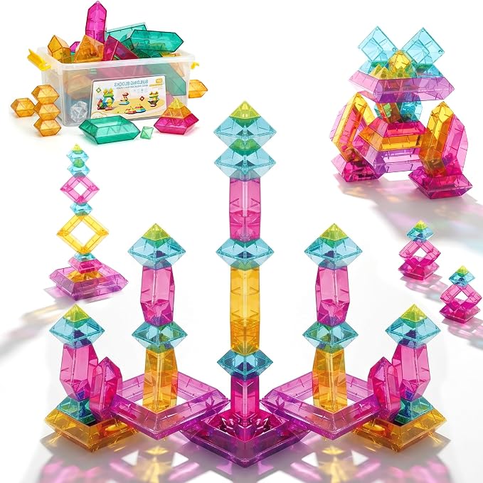 Building Blocks Set for Toddlers 2-5,40Pcs 3D Transparent Blocks Toys,DIY Pyramid Stacking Toy for Toddlers 2 3 4,STEM Preschool Learning Blocks for Kids,Sensory Gifts for Age of 1-3 2-4 Boys&Girls