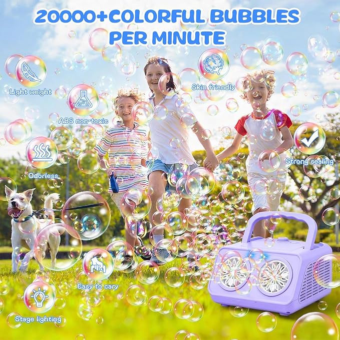 SHCKE Automatic Bubble Machine with 2 Fans,20000+ Bubbles/Min | Dual power USB-C/AA, No-Leak Sealed Bottle,Portable Bubble Maker for Pool, Wedding, Camping, Birthday Parties
