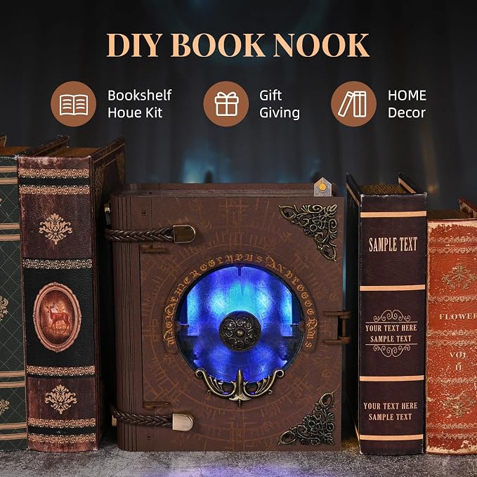 CCCDF Circle of Magic Book Nook Kit, Openable Magic Book Shaped Miniature Dollhouse, Closed Book Style Bookshelf Insert Decor with LED Light, DIY Wizard Themed Craft Gift for Teens and Adults