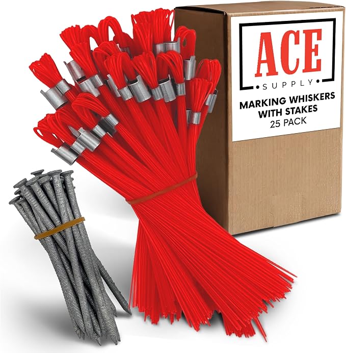 Red Marking Whiskers With Stakes - 25 Pack - Durable Marking Whisker Set - Use Survey Whiskers As Ground Markers, Construction Markers, Or Trail Markers