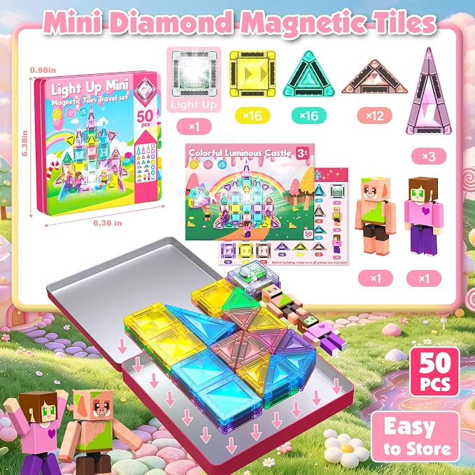 Mini Magnetic Tiles with 2 Little Action People, Light Up Travel Tiles with Magnetic Action Figures for Princess Castle, Micro Magnet Portable Toys for Kids, STEM Building Set Girl Boy Birthday Gift