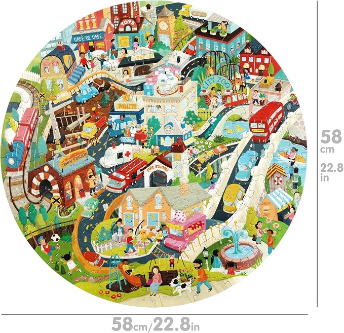 boppi Round 150 Piece Jigsaw Puzzle for Kids Aged 5-8 | Educational City Life Puzzle with Buildings, Vehicles & People | Eco-Friendly Recycled Cardboard