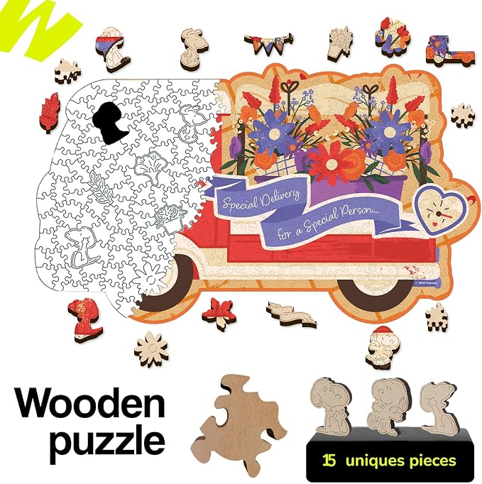 Peanuts Snoopy Puzzles for Adults – 300 Pieces Unique Shaped Flower Car Wooden Jigsaw Puzzles, Birthday Gift for Family, 5MM Thick, Officially Licensed Merchandise – Blooms on Wheels, 17.7" x 10.4"