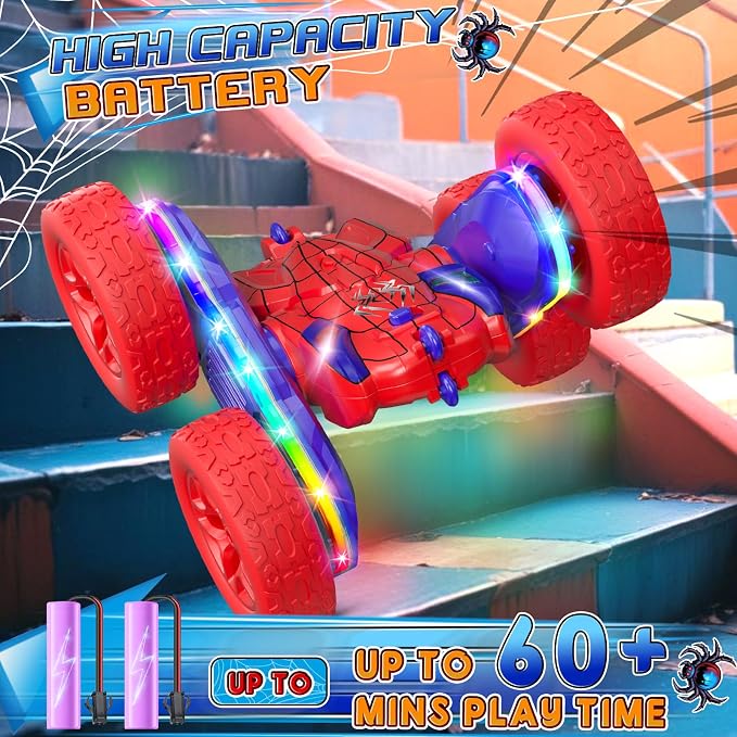 Jimdella Spider RC Cars Toys for Boys 4-6, 2.4GHz Remote Control Car with 26 LED Light System, 360° Flips, Changeable Wheels, Rechargeable All-Terrain Truck Gift for Kids Ages 4-8
