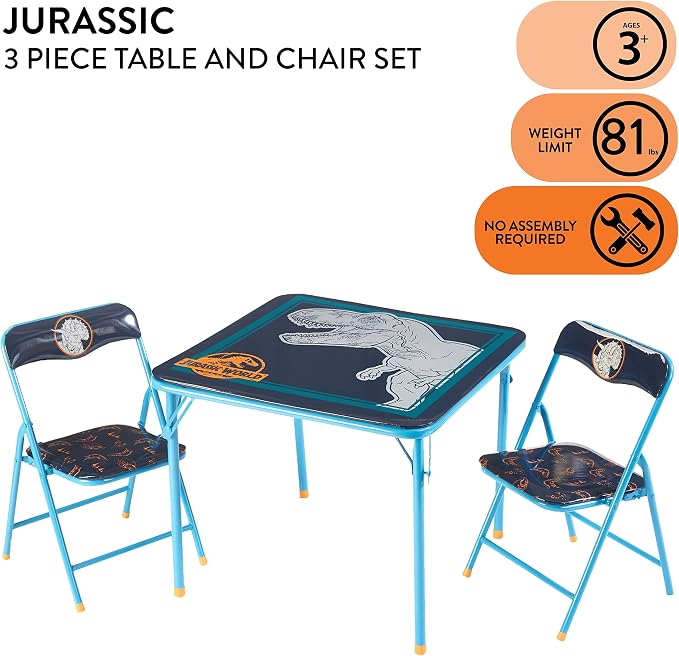Jurassic World 3 Piece Kids Table and Chair Set,Activity Table with 2 Foldable Chairs, Dinosaur-Themed Furniture, Perfect for Playroom, Arts & Crafts, Ages 3+