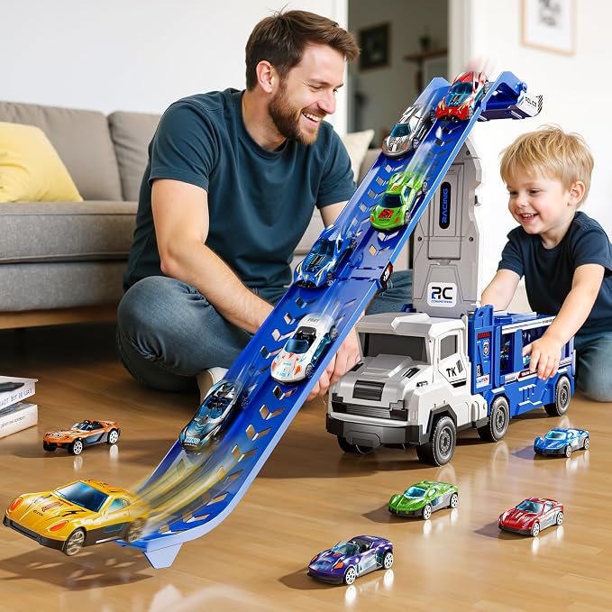 Toddler Car Truck Toys for 3 4 5 6 7 8 Years Old Boys, Transporter Truck Toy Track Set with 12 Die-Cast Car Toys, Toy Gifts for 3 4 5 6 Year Old Boys Kids