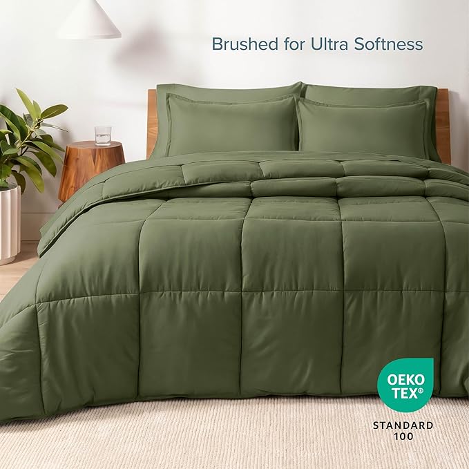 Bare Home Bed-in-A-Bag 7 Piece Comforter & Sheet Set - Queen - Goose Down Alternative - Ultra-Soft 1800 Premium - Bedding Set (Queen, Cypress/Cypress)
