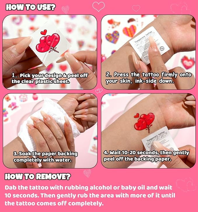 JCFIRE Valentines Day Stickers for Kids Temporary Tattoos, Heart Stickers for Valentines Day Gifts for Kids Classroom Exchange, Waterproof Decals for Party Favors, Goodie Bags, Crafts