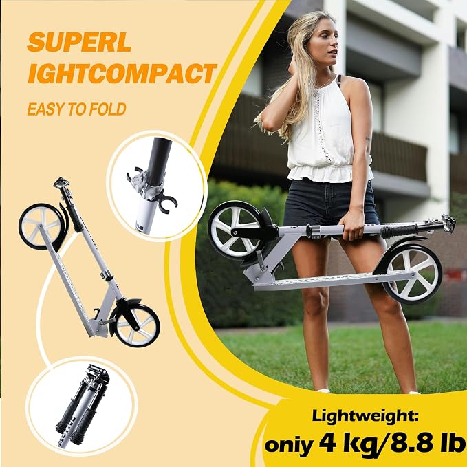 Kick Scooter for Kids Ages 6+, Teens & Adults, Adjustable Handlebars, Rear Brake, Big Wheel Foldable Scooter for Indoor & Outdoor