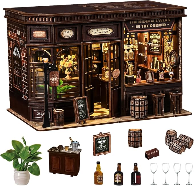 Spilay DIY Miniature House Kit for Adults, Miniature Dollhouse Kit | With Warm Light & Furniture, Wooden Craft Building Set for Bookshelf Decor, Home Display & Creative Gifts for DIY Lovers