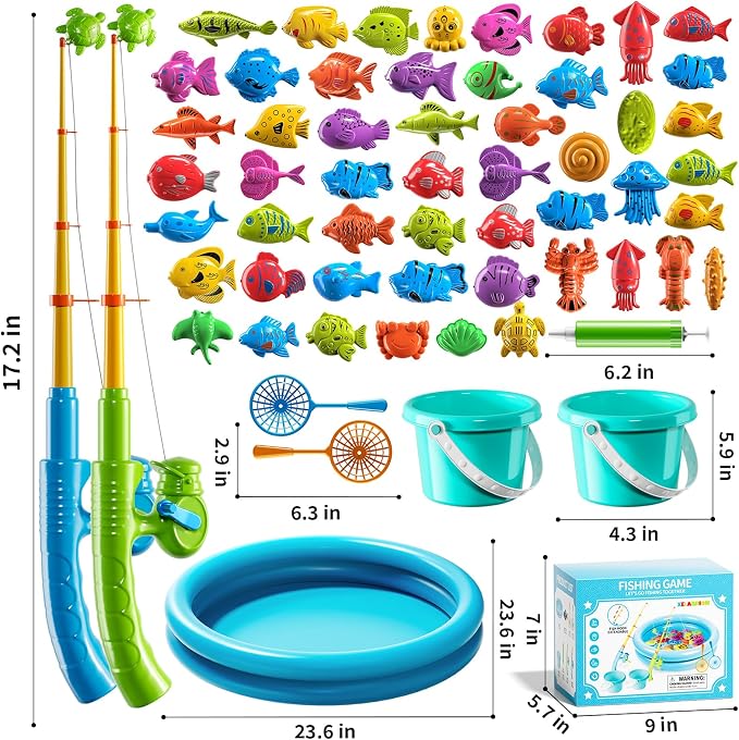 60 Pcs Magnetic Fishing Pool Toys Game for Kids Toddlers, Fishing Water Table Bathtub Toy with Inflatable Pool Pole Rod Net Bucket Plastic Floating Fish, Water Bath Pool Outdoor Toy for Kids Age 3 4 5
