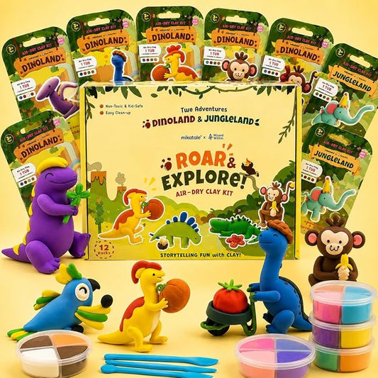 Air Dry Clay for Kids - 12 Dinosaur & Jungle Designs Modeling Clay Kit - Model Sculpting Set, Ultra Soft Safe & Non-Sticky | DIY Crafts, School Projects & Party Favors for Boys & Girls