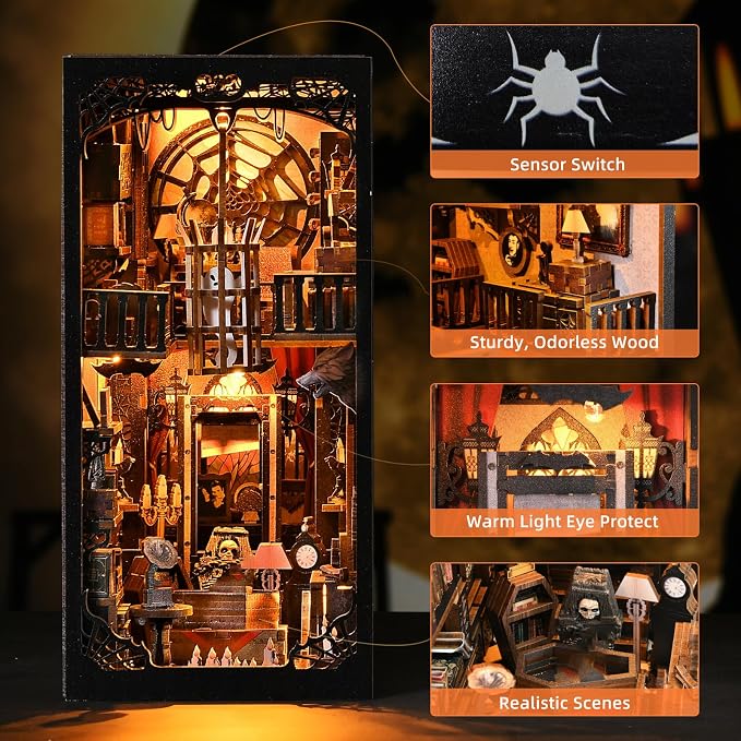 Book Nook Kit - Goth Castle DIY 3D Wooden Puzzle for Adults, Horror Bookshelf Insert with LED Lights, Halloween Home Decor Gift, The Dark Family