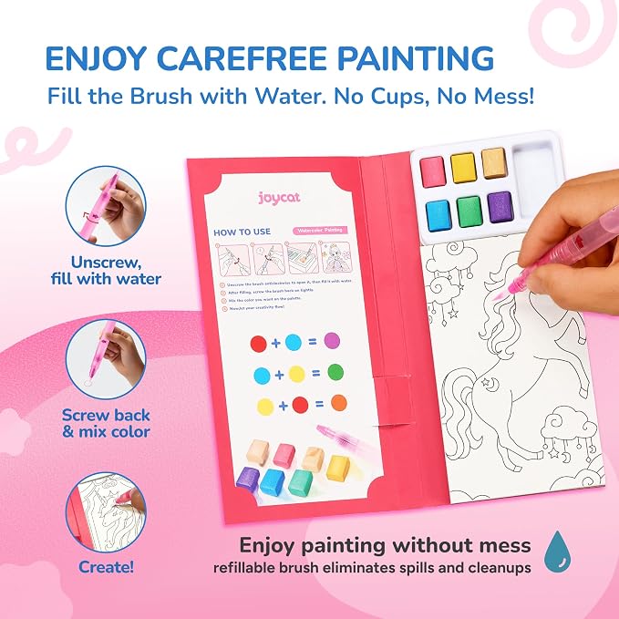 JoyCat 3 Pack Pocket Paint with Water Coloring Books for Kids, Art & Craft Activity Toy Set, Creative Travel & Home Painting Kit, Gifts for Girls & Boys Ages 3-8 (3 Pack - Magical Pony & Ocean Princess & Animals)