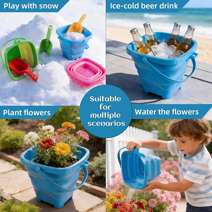 Collapsible Beach Toys for Kids & Toddlers, 3 Pack Foldable Silicone Sand Buckets with 3 Shovels & Mesh Storage Bag, Portable Water Pail for Easter Egg Hunt, Camping, Travel