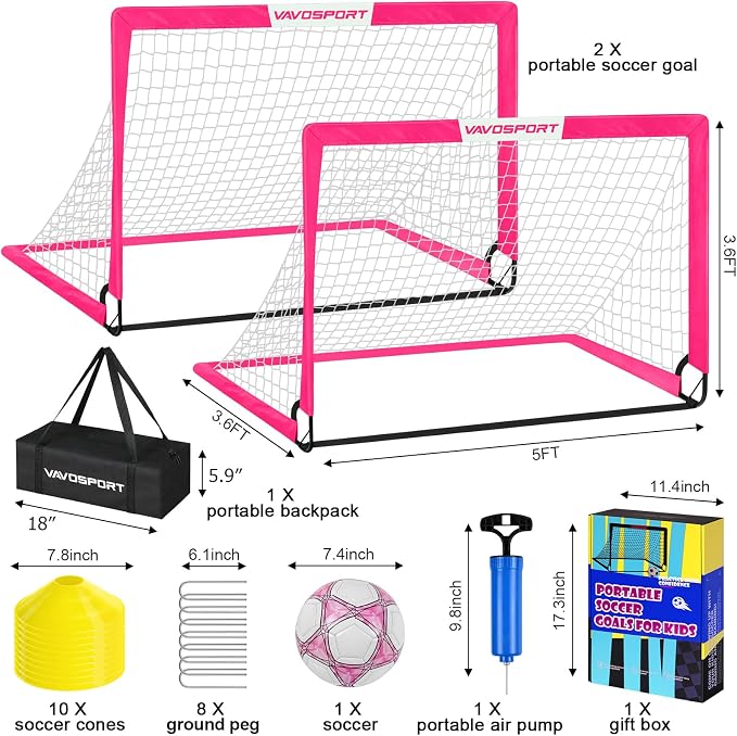 Kids Soccer Goals for Backyard Set - 2 of 4' x 3' Portable Soccer Goal Training Equipment, Pop Up Toddler Soccer Net with Soccer Ball, Soccer Set for Kids and Youth Outdoor Games, Sports, Play