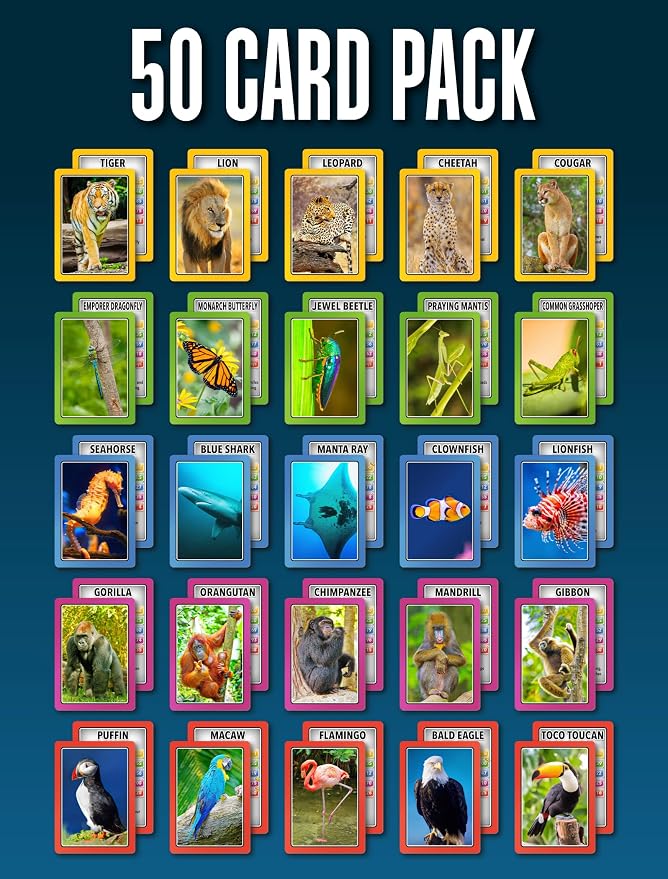 SMART Cards Animals, Gift, Stocking Stuffer, Travel Card Game, 100 Cards of Animals, 7 Games in 1, Pairs, Snap, Trumps, Rummy, Quiz, Facinating Facts, Age 5+, 1-8 Players