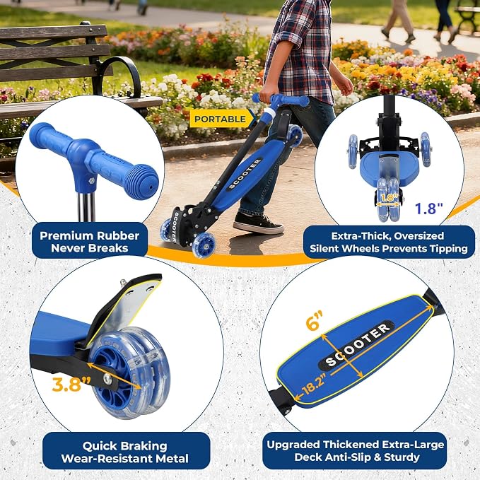 3 Wheel Scooter for Kids Ages 3-12, LED Light-Up Kids Kick Scooter–Portable Foldable, Adjustable Height, Durable Metal Construction, 6" Extra Wide Deck for Outdoor Activities,Child Safety Certified
