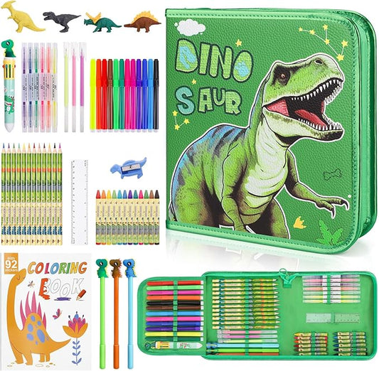 MAIGOZON Dinosaur Gifts for Boys - 57 PCS Scented Markers Art Supplies Set for Kids Ages 4-8, Coloring Drawing Kit with Dino Case, Coloring Book & Quick-Dry Gel Pens, Birthday Christmas Gift