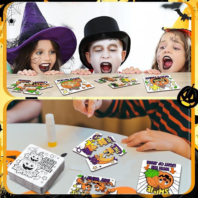 Realspring 24 Pack Christian Pumpkin Color Your Own Halloween Jigsaw Puzzles for Kids 3-5, 4-6, 6-8, Christian Pumpkin Crafts DIY Coloring Paper Jigsaw Halloween Party Favors Goodie Treat Gift