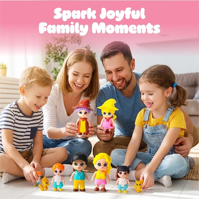 FUNERICA Dollhouse Family Figures & Pets – Poseable Family Dolls Set – Miniature Dollhouse People - Compatible Doll House Accessories for 1:12 & 1:24 Wooden & Plastic Dollhouses + Bonus Figures