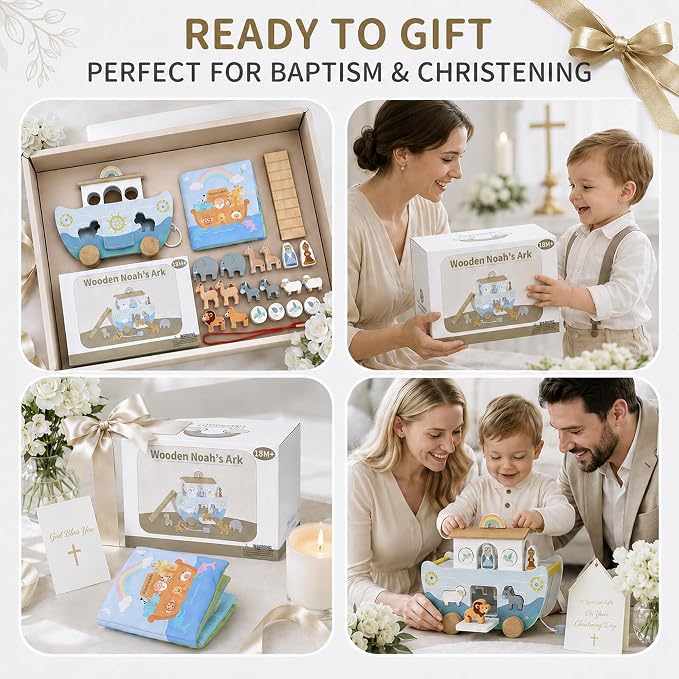 Wooden Noah’s Ark Toy with Cloth Book, Baptism Gifts for Boys and Girls, Christian Shape Sorter and Pull Along Playset for Toddlers 18M+, Animal Matching, Stacking and Threading Toys