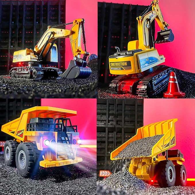 RC Excavator and Dump Truck Toy Set for Kids, 2.4Ghz 11 Channel Dual Control Remote Control Construction Vehicle with Light, Sound, Music & Auto Demo, Christmas Birthday Gifts for Boys Girls Ages 3-8