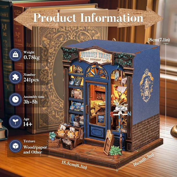 Fsolis Book Nook Kit, DIY Miniature House Kit for Adults and Beginners Mini Bookstore Diorama Bookshelf 3D Wooden Puzzles Gifts for Women Teenagers (Journey Trace Bookshop)