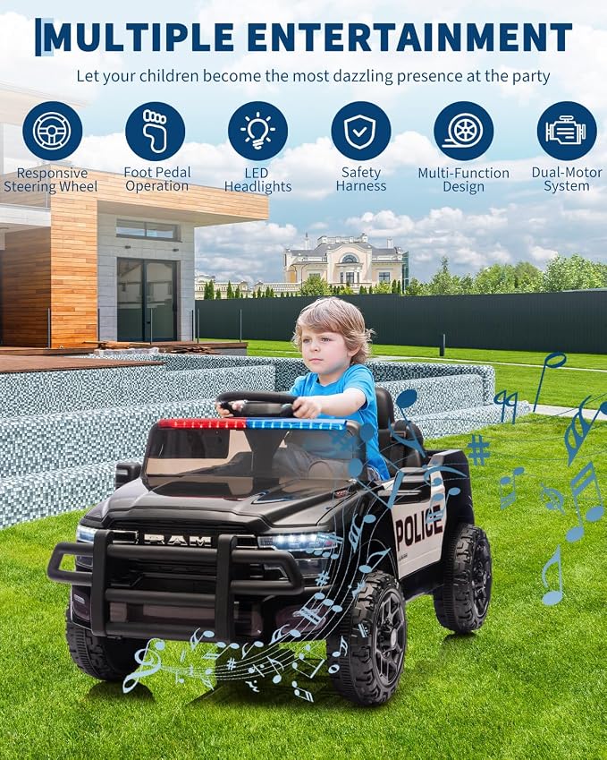 Garvee Kids Ride On Police Cars, Licensed RAM 12V Electric Ride On Police Car w/Remote Control, Electric Pickup Car for Toddlers, Spring Suspension, LED Lights, Music, Ride On Toys for Boys Girls