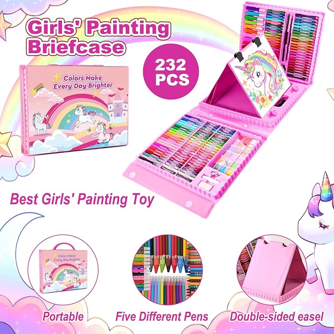 Goldge Kids Art Set, 230 PCS+ Art Supplies for Kids with Double-Sided Easel, Coloring Kit for Kids with Crayons, Colored Pencils, Markers, Watercolor Paints, Drawing Kit Gifts for Girls Boys