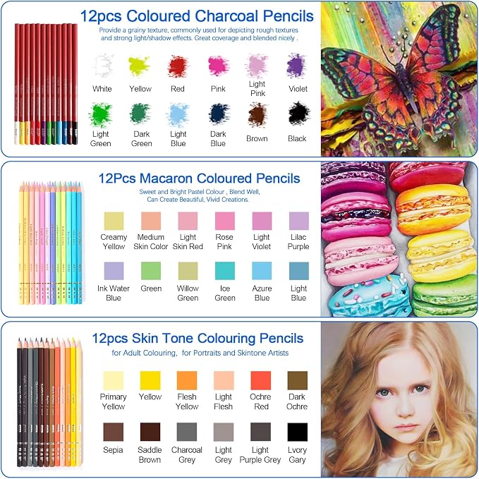 H & B Art Supplies, 72 Pack Drawing Supplies for Adults, Drawing Kit with Drawing Book, Coloring Book, Watercolor, Metallic Charcoal Macaron Oil-Based Coloured Pencils for Artists