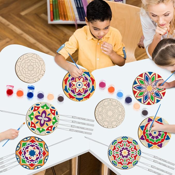 Silipull 24 Sets Mandala Wood Wind Chimes Craft for Kids Color Your Own Windchime DIY Unfinished Wooden Hanging Ornaments Coloring Wind Chime for Kids Gifts School Home and Party Supplies