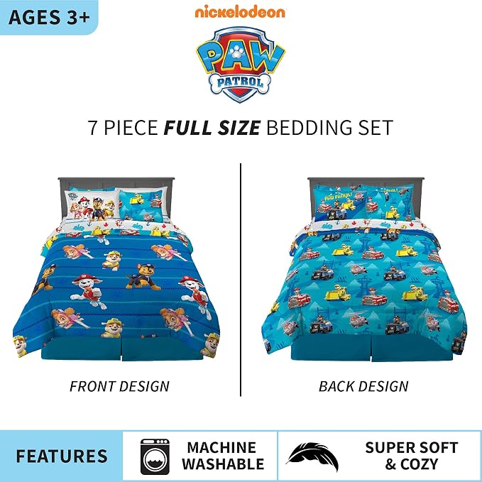 Franco Kids Bedding Super Soft Comforter and Sheet Set with Sham, 7 Piece Full Size, Paw Patrol