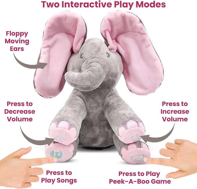 Dimple Kaia Peek A Boo Elephant Toy, Interactive Singing Stuffed Animal Plush with Moving Ears, Musical Stuffed Animal for Babies and Toddlers, Adorable Elephant Baby Toy
