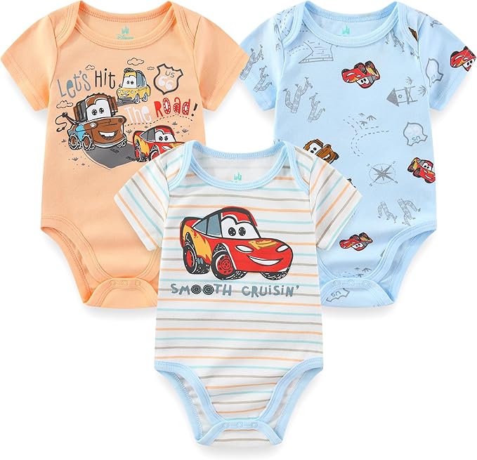 Disney Baby Toy Story Mickey Mouse Cars Winnie the Pooh Boys 3 Pack Bodysuit Creeper for Newborn and Infant