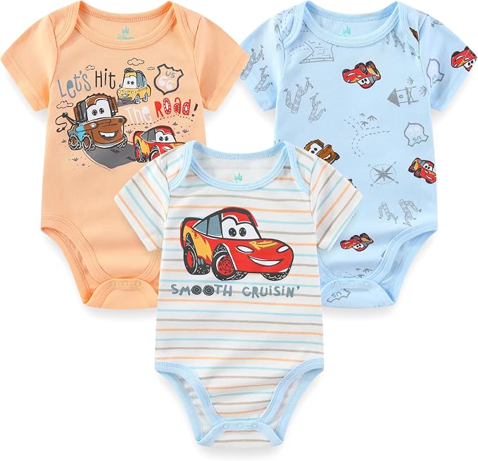 Disney Baby Toy Story Mickey Mouse Cars Winnie the Pooh Boys 3 Pack Bodysuit Creeper for Newborn and Infant