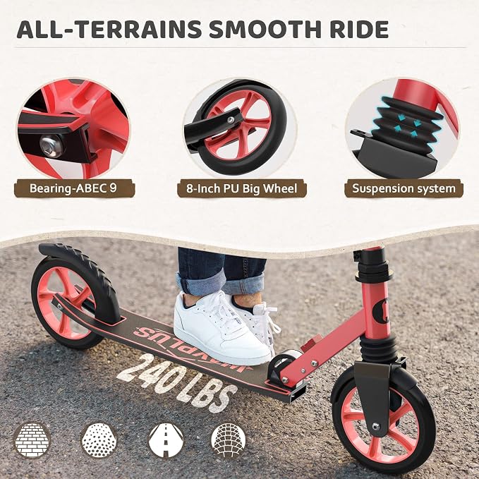 WAYPLUS KS1 Kick Scooter for Ages 6+,Kid, Teens & Adults. Max Load 240 LBS. Foldable, Lightweight, 8IN Big Wheels for Kids, Teen and Adults, 4 Adjustable Levels. Bearing ABEC9 FED Fitness