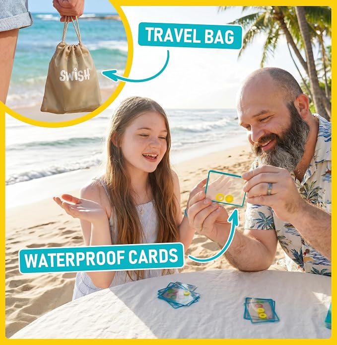 FoxMind Games: Swish Card Game, Spatial Reasoning Board Game for Ages 7 and up, Rotate, Stack & Match Transparent Cards to Win. Waterproof Cards & Travel Bag - Perfect Family Travel Game