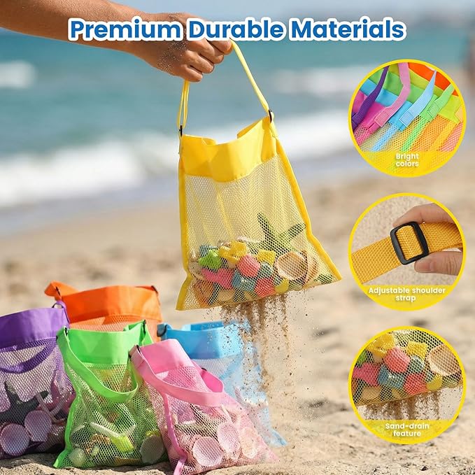 FUTUREPLUSX 6PCS Mesh Beach Bags for Kids, Colorful Small Seashell Collecting Bags Adjustable Strap for Holding Shell Sand Toy