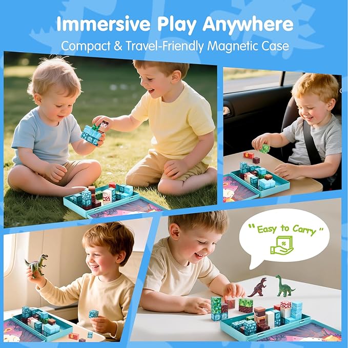 hahaland Mini Magnetic Blocks Travel Set with Magnetic Case - 52 PCS Magnet Building Cubes Dinosaur Toys for Kids 3-5 Toddler Travel Toys Airplane Essentials, Stem Toys 4 Year Old Boys 3 Year Old Gift