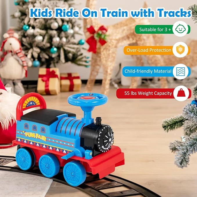 Costzon Ride on Toys, 6V Electric Ride on Train with Tracks, Storage Seat, Light & Music, Backrest, Anti-tilt Device, for Toddler Boys & Girls, Battery Powered Ride on Car (Navy Blue)
