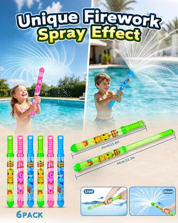 6Pack Fireworks Water Gun for Kids: 2-in-1 Water Blaster Bubble Wand Combination Toys for Kids| Water Shooters for Pool Toy Swimming Beach Outdoor Party Favors| Bubble Blower Bulk with Bubble Solution