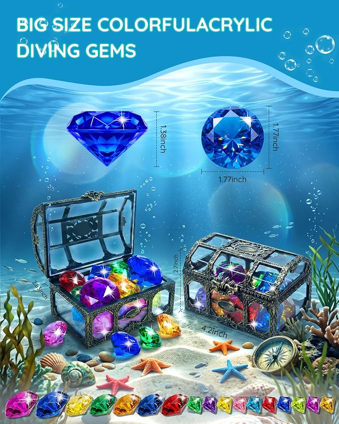 Swim Diving Games Pool Toys 17PCS Big Colorful Diamond Toy with Treasure Box Chest Summer Underwater Gemstone Outdoor Water Accessories for Kid Age 5 6 7 8 9 10 11 12 Year Old Girl Boy Stuff Fun Gift