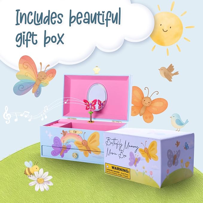 The Memory Building Co Butterfly Musical Jewelry Box Plays Classic Melody, Storage Organizer Music Box for Kids Ages 6-12, MDF Wood w/ 2 Fabric Lined Ring Bracelet Necklace Treasure Compartments