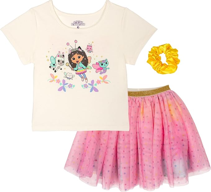DREAMWORKS GABBY'S DOLLHOUSE Girls' T-Shirt and Tutu Skirt Set with Scrunchie Toddler to Big Kid