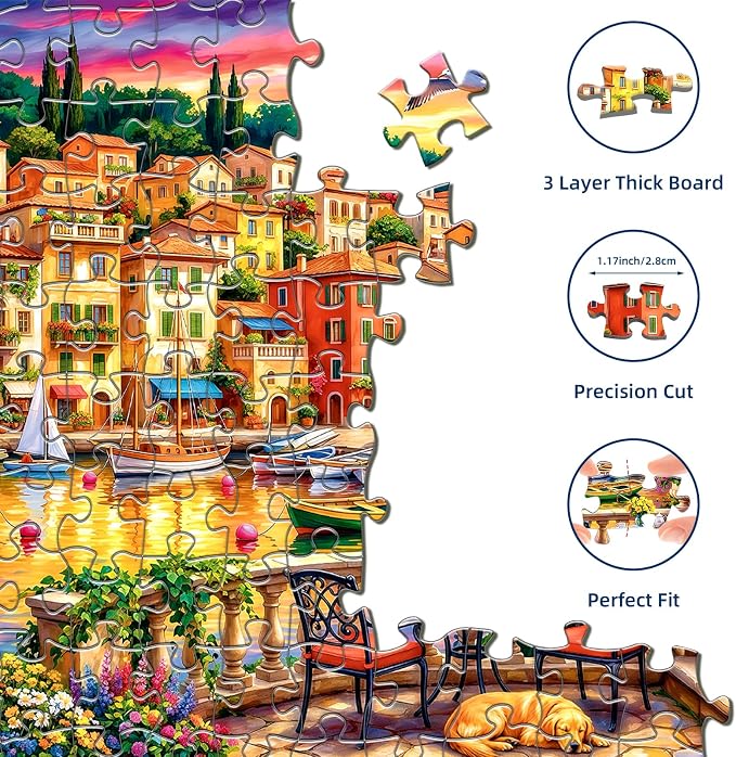 1000 Piece Puzzle for Adults, Seaside Harbor Sunset Jigsaw Puzzles for Adults 1000 Pieces, Fun Challenging Family Landscape Puzzle with Letters on Back, Colorful Harbor Houses Puzzles for Adults