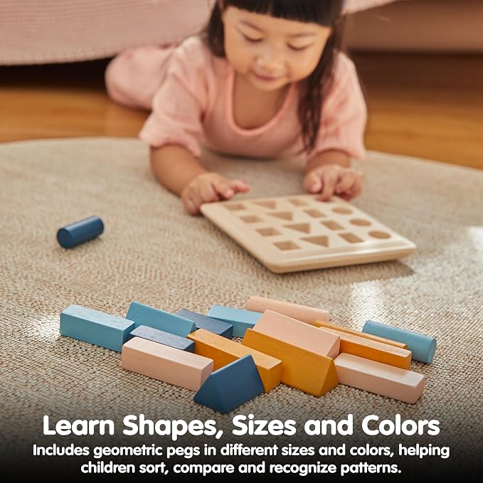 PlanToys® Wooden Geometric Peg Board | Montessori Inspired Shape Sorting & Stacking Toy for Size Sequencing & Logical Thinking | Eco Friendly Learning Toy for Colours, Patterns & Early Geometry