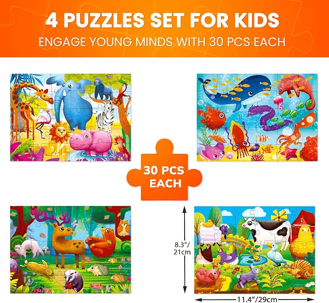 QUOKKA Puzzles for Toddlers 3-5 - 4 x 30 Pieces Puzzles for Kids Ages 2-4 - Animal Learning Jigsaw Puzzle for Kids 4-6 Years Old - Educational Toys for Boy and Girl